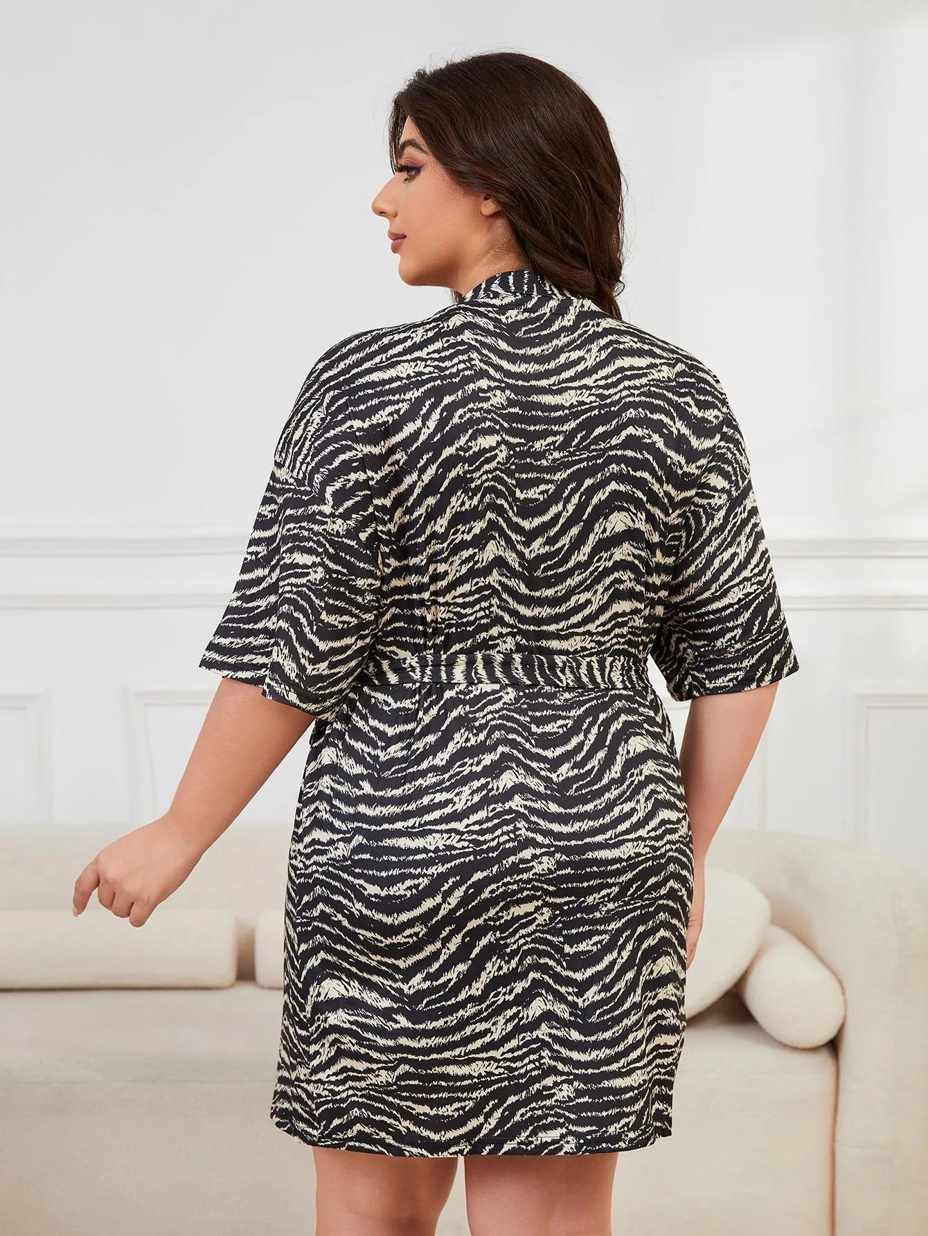 Plus Size Zebra Print Sleeveless V Neck Solid Women Nightgown & Short Sleeves Robe Female 2 Pcs Spring Autumn Winter Sleepwear