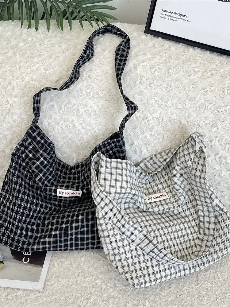Korean Version Simple and Lightweight Checkered Crossbody Tote Bag 2025 New Versatile Shoulder Bag Plaid Summer Canvas Bag