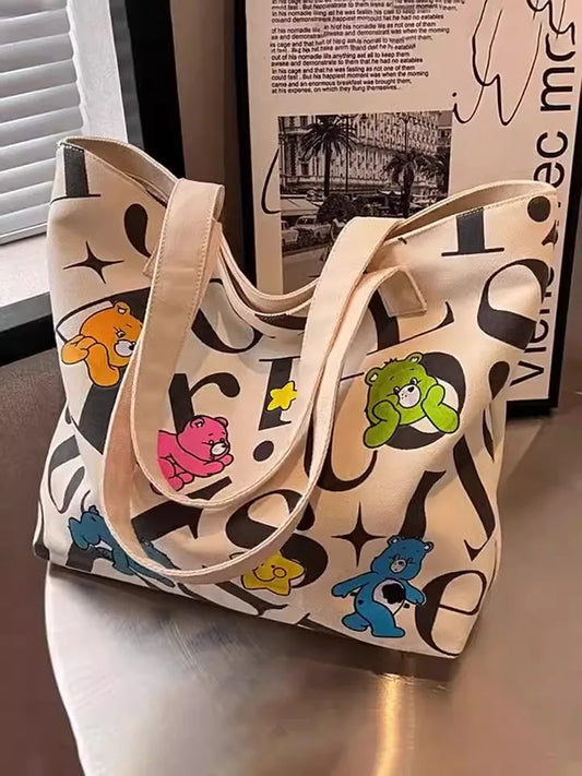 Large-capacity Student Canvas Tote Bag Commuter New Style Bag Versatile Printed Mommy Casual Hand and Shoulder Shopping Bag