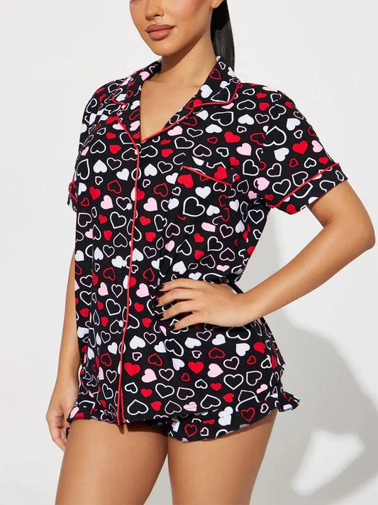 Heart Print Women Pajamas Set Short Sleeve Front Button Tops & Shorts Female 2 Pieces Notched Collor Sleepwear Nightwear