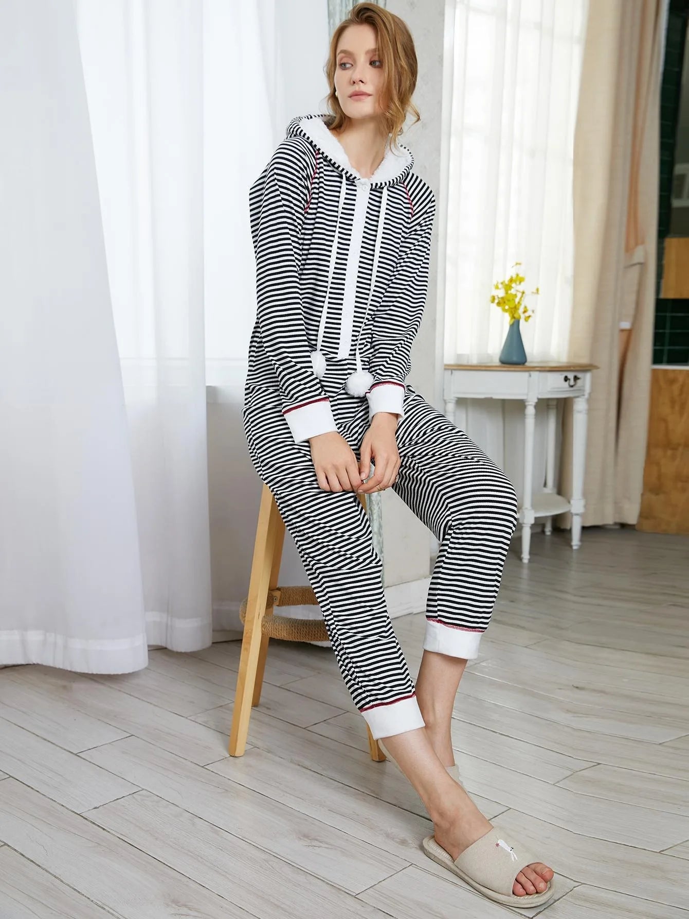 Striped Print Women Pajama Sets Long Sleeves Hooded Top & Full-Length Pants 2 Piece Winter Female Sleepwear Nightwear Homewear