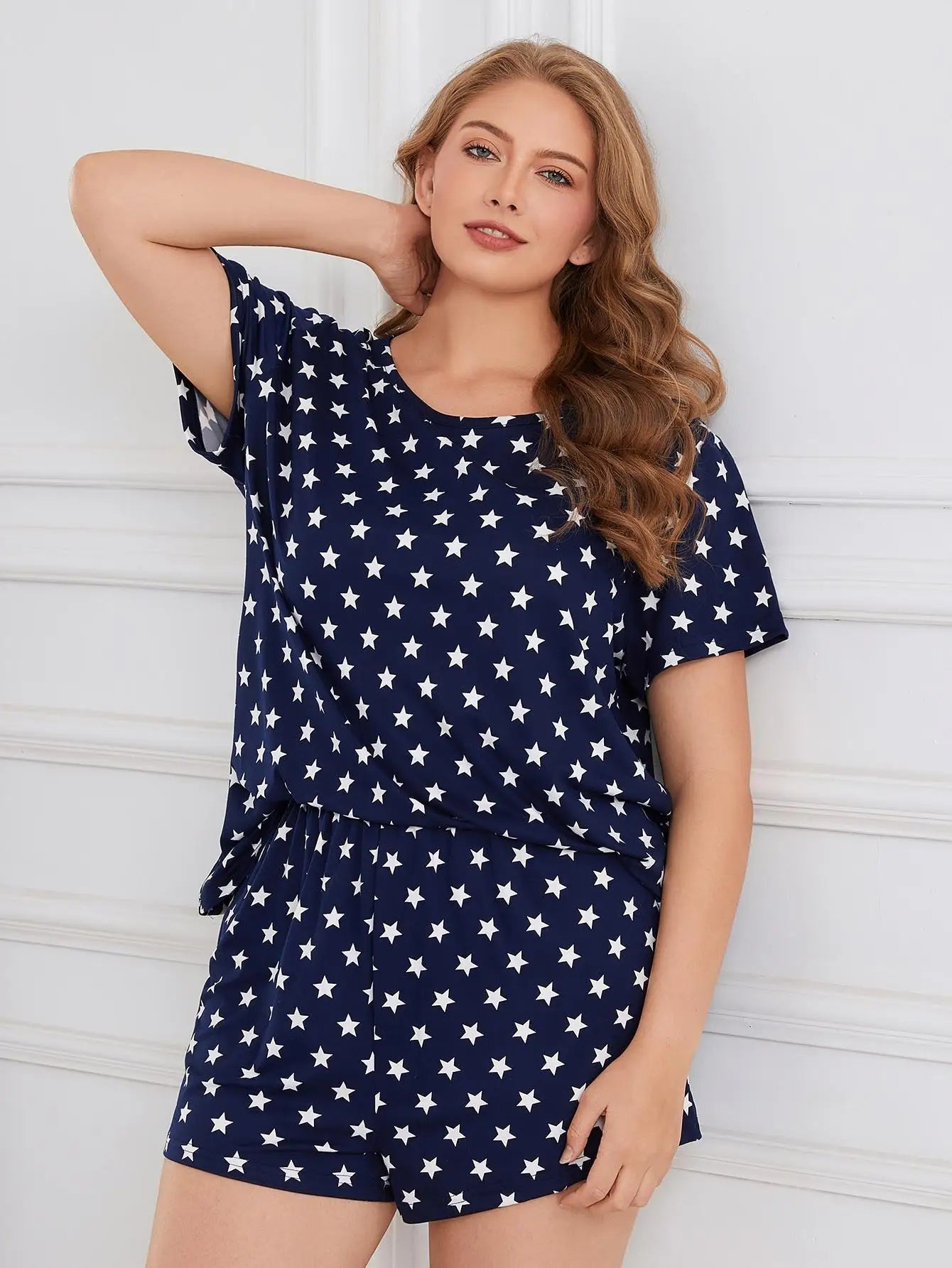 Plus Size Star Print Women Pajama Sets Short Sleeves O Neck Top & Elastic Waist Shorts 2 Pieces Female Sleepwear Nightwear