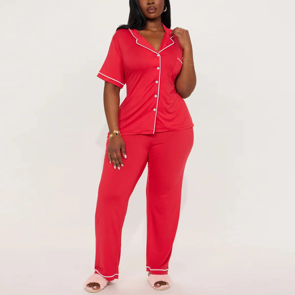 Solid Women Pajama Sets Short Sleeves Front Button Notched Collar Top & Full-Length Pants 2 Piece Female Sleepwear Nightwear