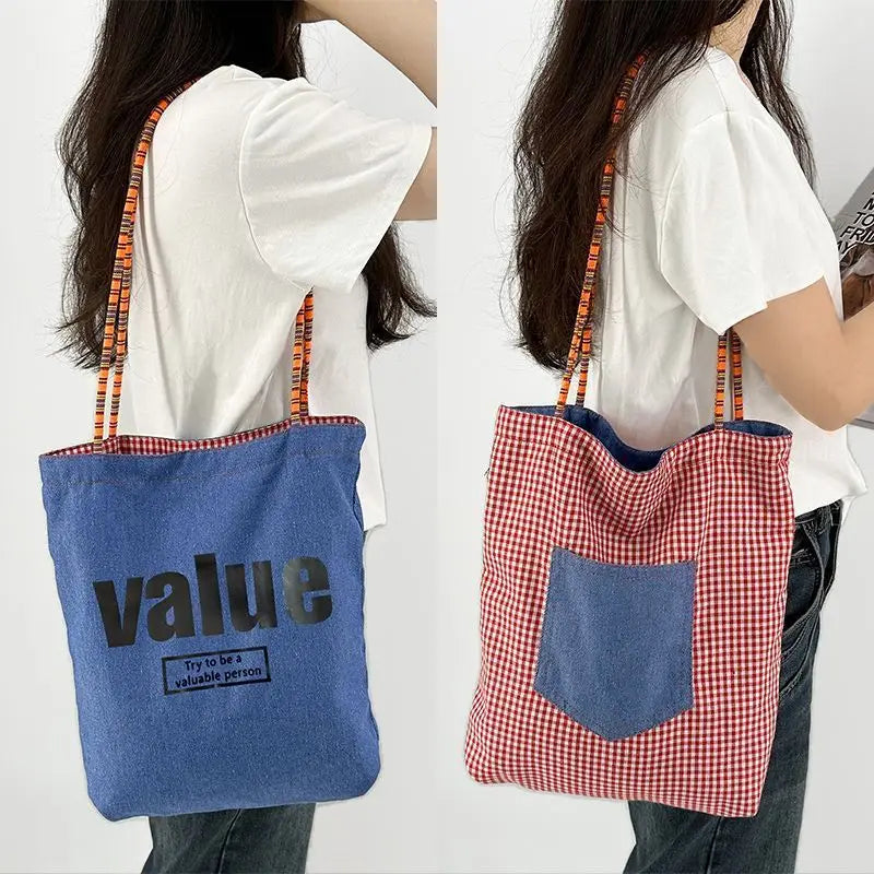 Letter Print Double Side Canvas Tote Bags Reusable Grocery Women Shoulder Crafts Shopping Handbag Gifts for Women Girls Birthday