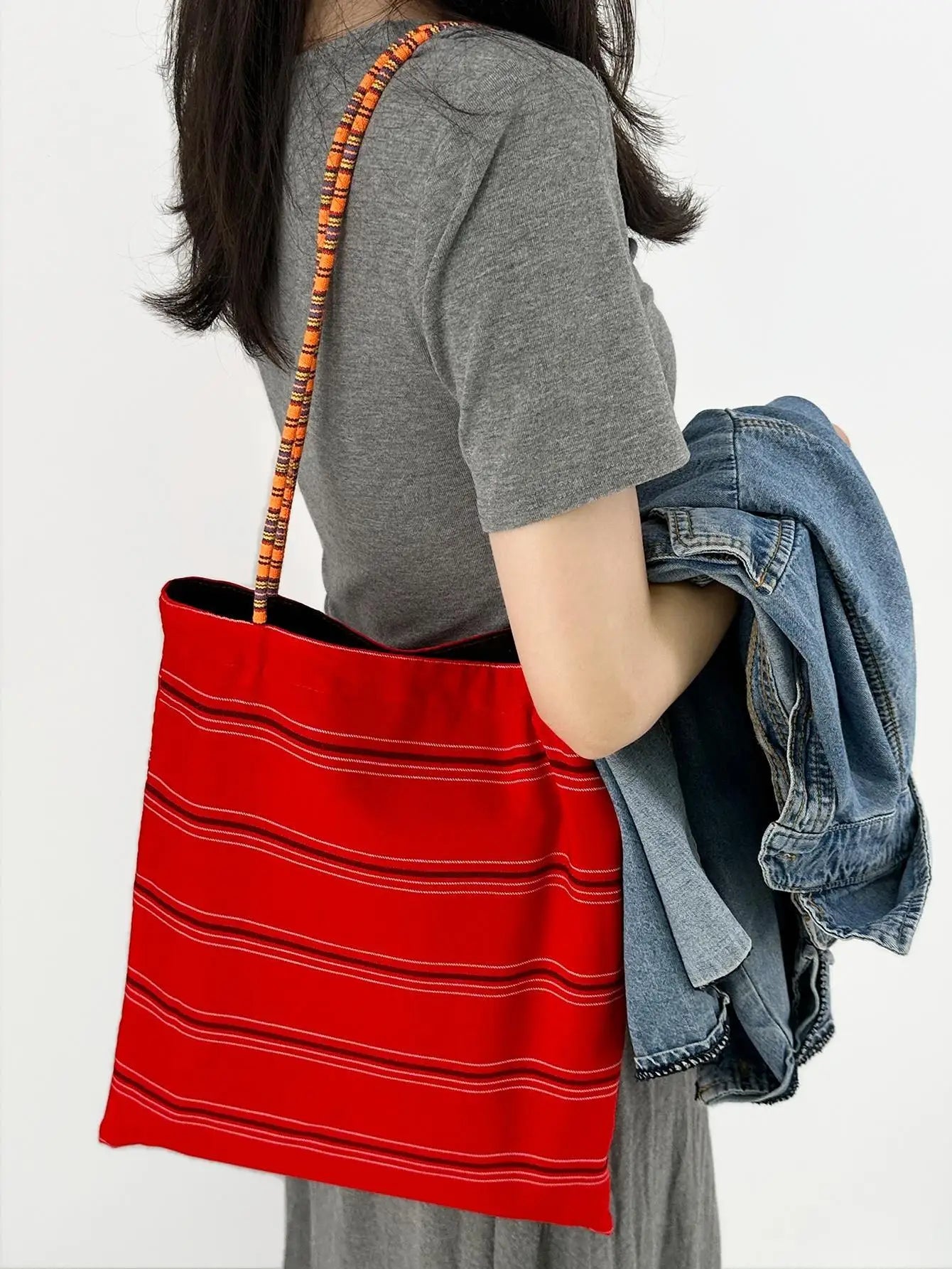 Striped Print Double Side Canvas Tote Bags Reusable Grocery Women Shoulder Shopping Handbag Gifts for Women Girls Birthday