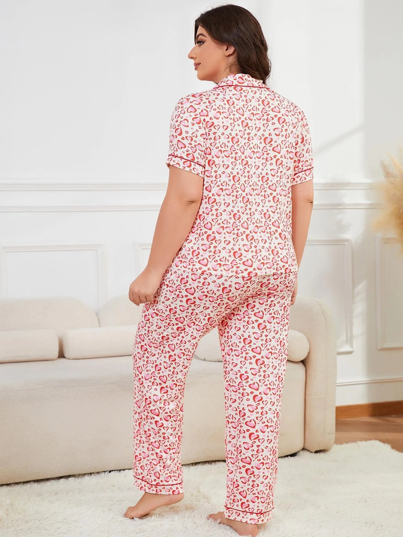 Plus Size Heart Print Women Pajama Set Short Sleeves Turn Down Collar Top & Full-Length Pants 2 Pcs Female Sleepwear Nightwear