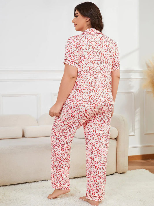 Plus Size Heart Print Women Pajama Set Short Sleeves Turn Down Collar Top & Full-Length Pants 2 Pcs Female Sleepwear Nightwear