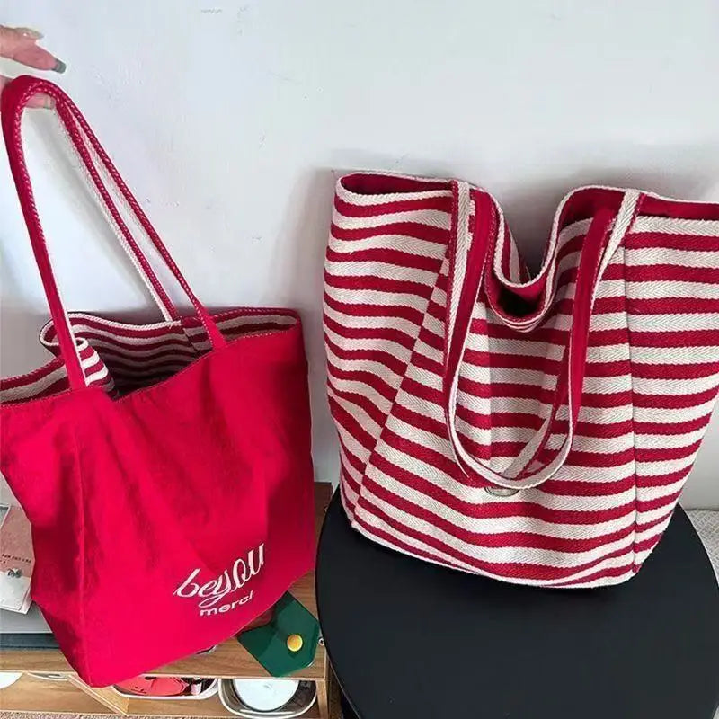 2025 Summer Striped Canvas Bag Korean Laid-back Style Tote BagmLarge Capacity Casual Single-shoulder Bag for Studentsm Women
