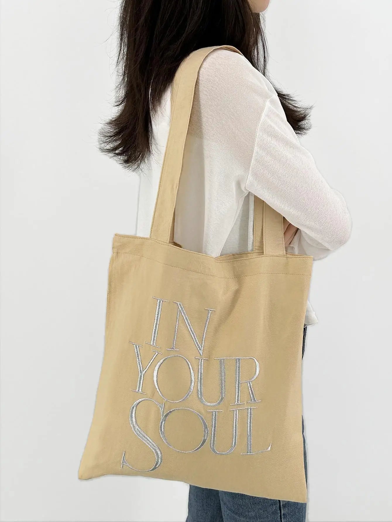 Letter Print Canvas Reusable Grocery Tote Bag Fenale Shoulder Handbag Crafts Shopping Bags Gifts for Women Birthday Christmas