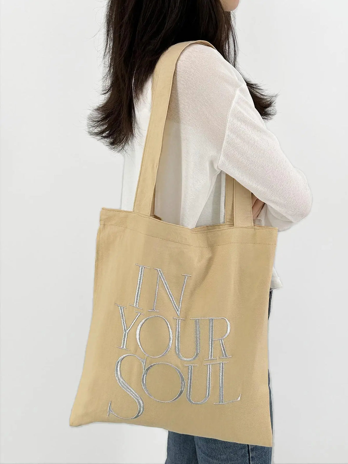 Letter Print Canvas Reusable Grocery Tote Bag Fenale Shoulder Handbag Crafts Shopping Bags Gifts for Women Birthday Christmas