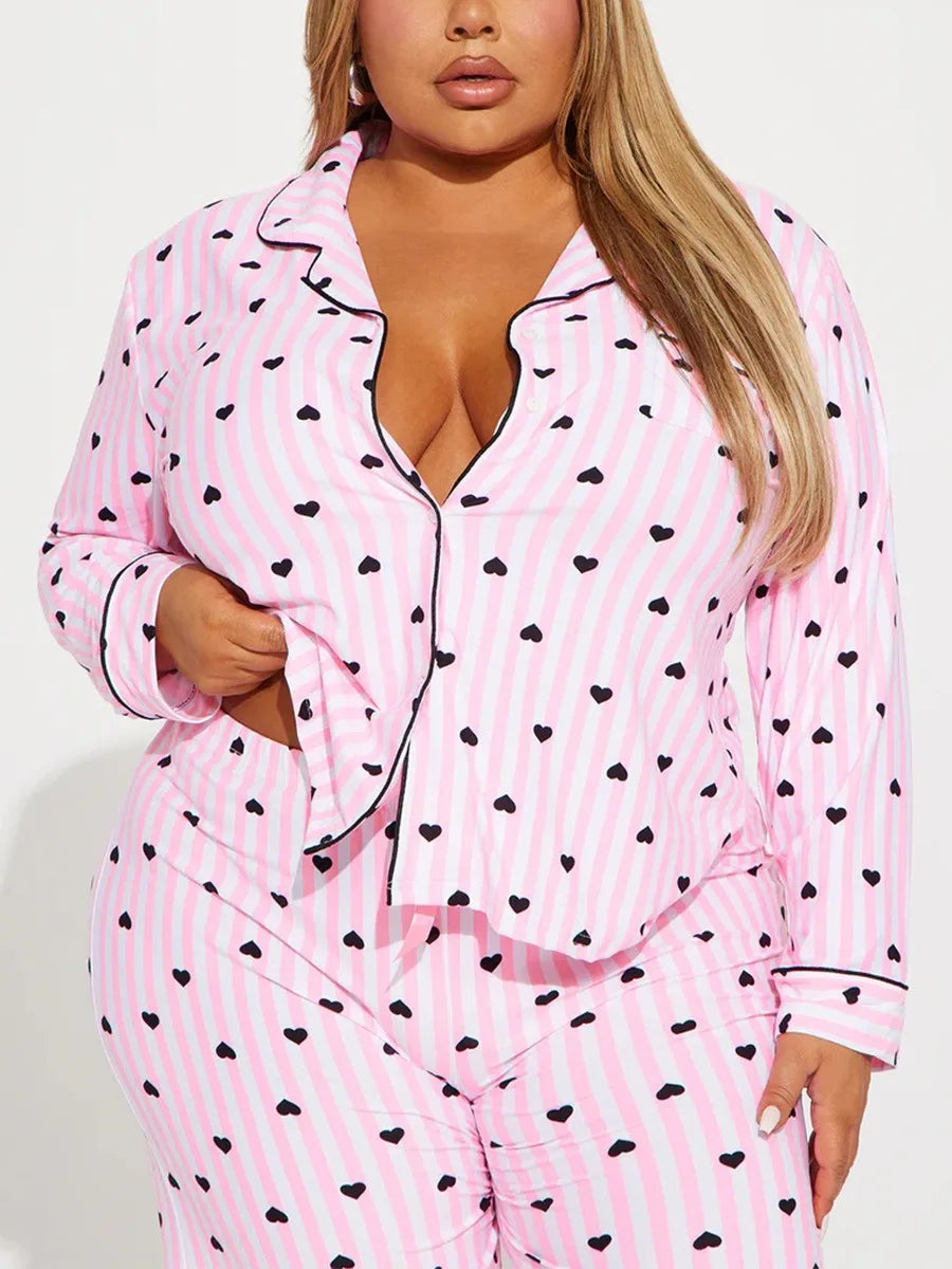 Heart Print Striped Women Pajama Set Long Sleeves Turn Down Collar Top & Full-Length Pants Female 2 Pieces Sleepwear Nightwear