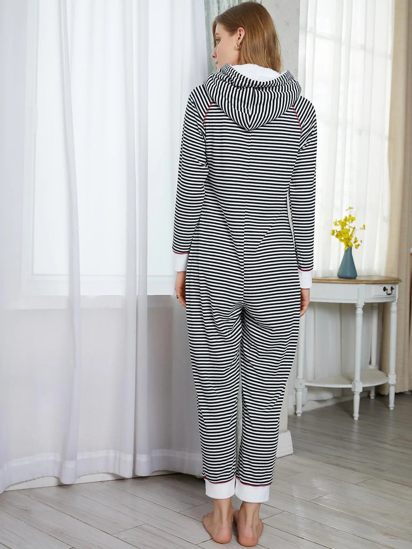 Striped Print Women Pajama Sets Long Sleeves Hooded Top & Full-Length Pants 2 Piece Winter Female Sleepwear Nightwear Homewear