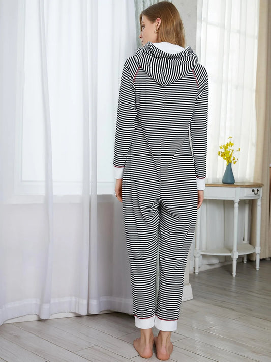 Striped Print Women Pajama Sets Long Sleeves Hooded Top & Full-Length Pants 2 Piece Winter Female Sleepwear Nightwear Homewear