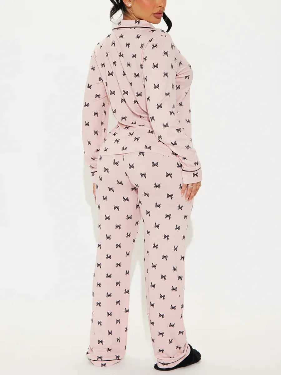 Bow Tie Print Women Pajama Set Long Sleeves Turn Down Collar Top & Full-Length Pants 2 Pieces Female Sleepwear Nightwear