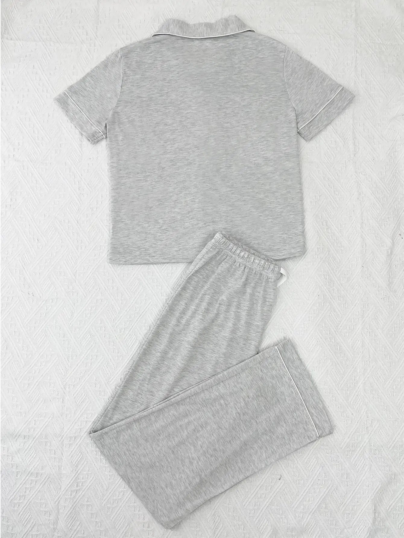 Solid Color Women Pajamas Set Short Sleeve Front Button Tops & Full-Length Pants Female 2 Pcs Notched Collor Sleepwear Nightwear