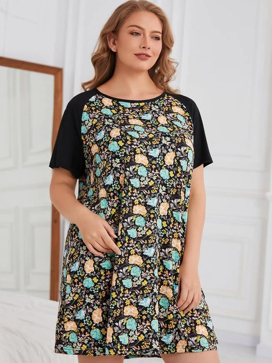 Plus Size Floral Print Women Nightgown Short Sleeves Female Sleepwear O Neck Nightwear Homwear Summer Clothing Oversized 1-6XL