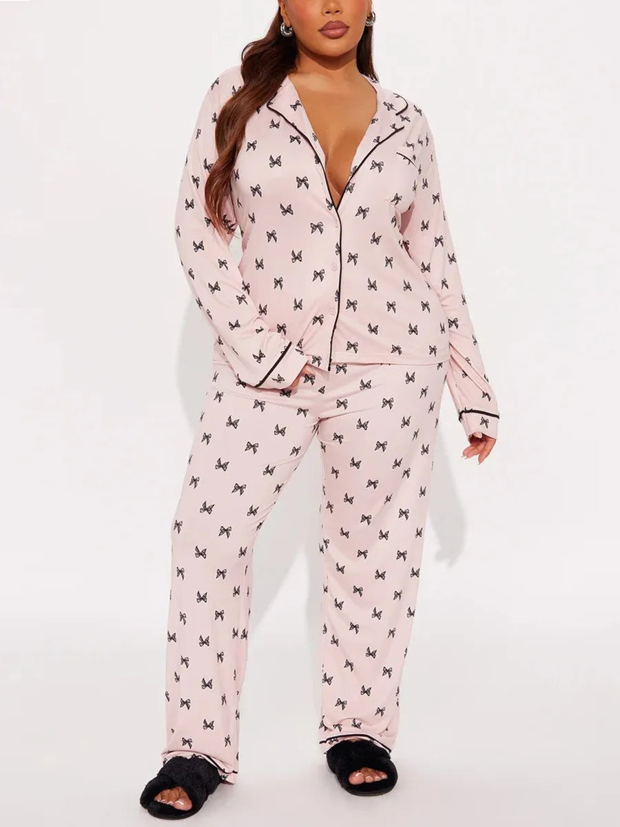 Bow Tie Print Women Pajama Set Long Sleeves Turn Down Collar Top & Full-Length Pants 2 Pieces Female Sleepwear Nightwear