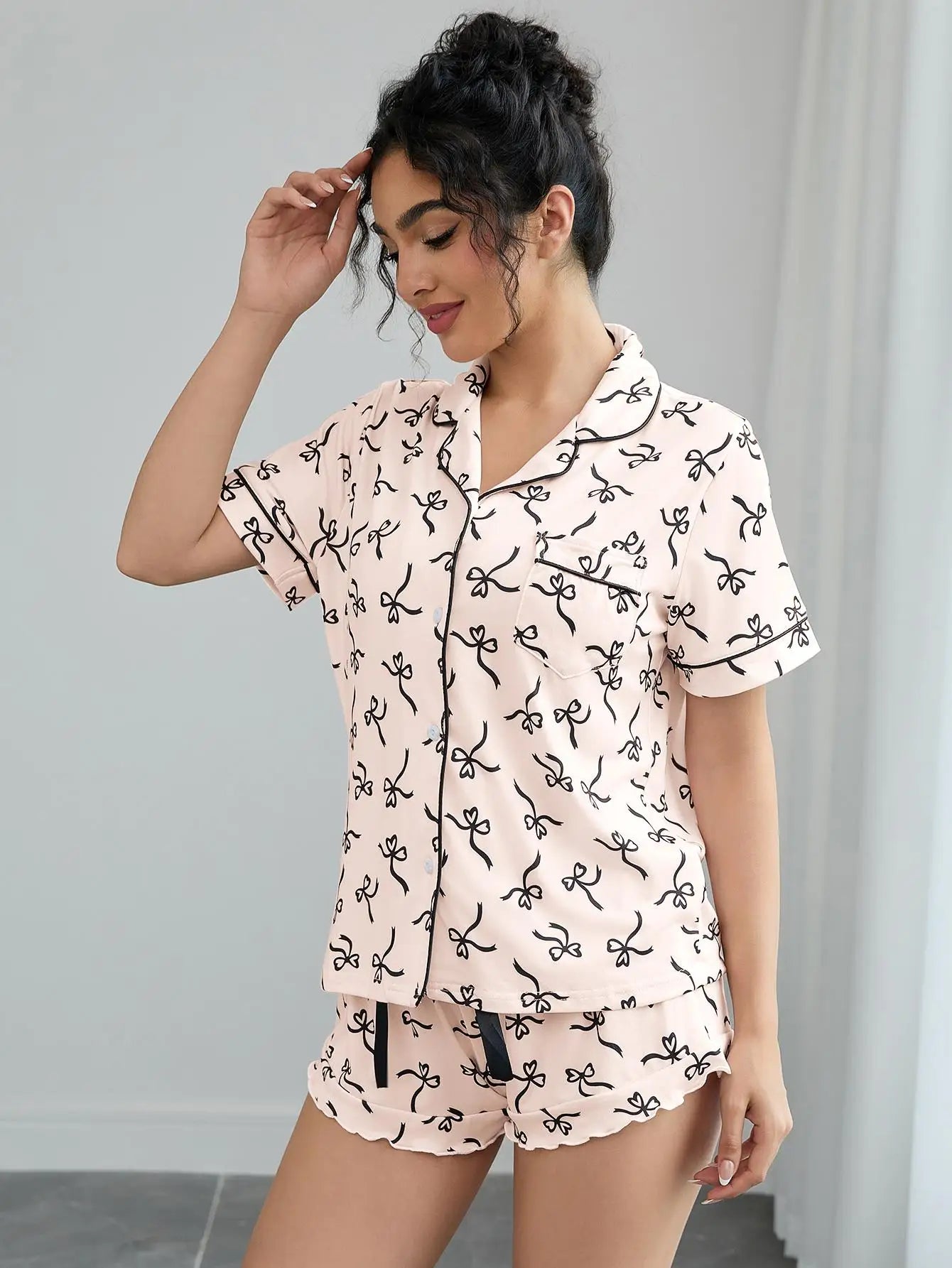 Summer Women's Pajamas Sets Short Sleeve Notched Collar Front Button Top & Elastic Waist Shorts Home Suit Loungewear Sleepwear