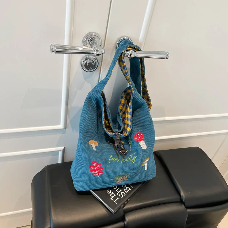 Mushroom Embroidery Single-shoulder Crossbody Bag Corduroy Checkered Double Bread Autumn and Winter New Retro Student Class Bag