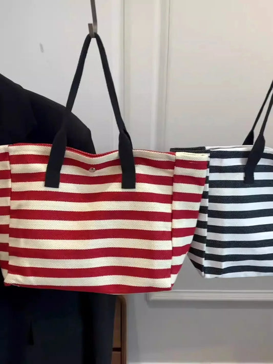 Commuting Canvas Bag Women's Large-capacity Tote Bag 2025 New Striped Single-shoulder Mommy Tote Bag Korean Version Style