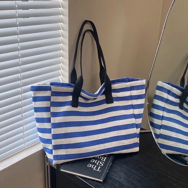 Commuting Canvas Bag Women's Large-capacity Tote Bag 2025 New Striped Single-shoulder Mommy Tote Bag Korean Version Style