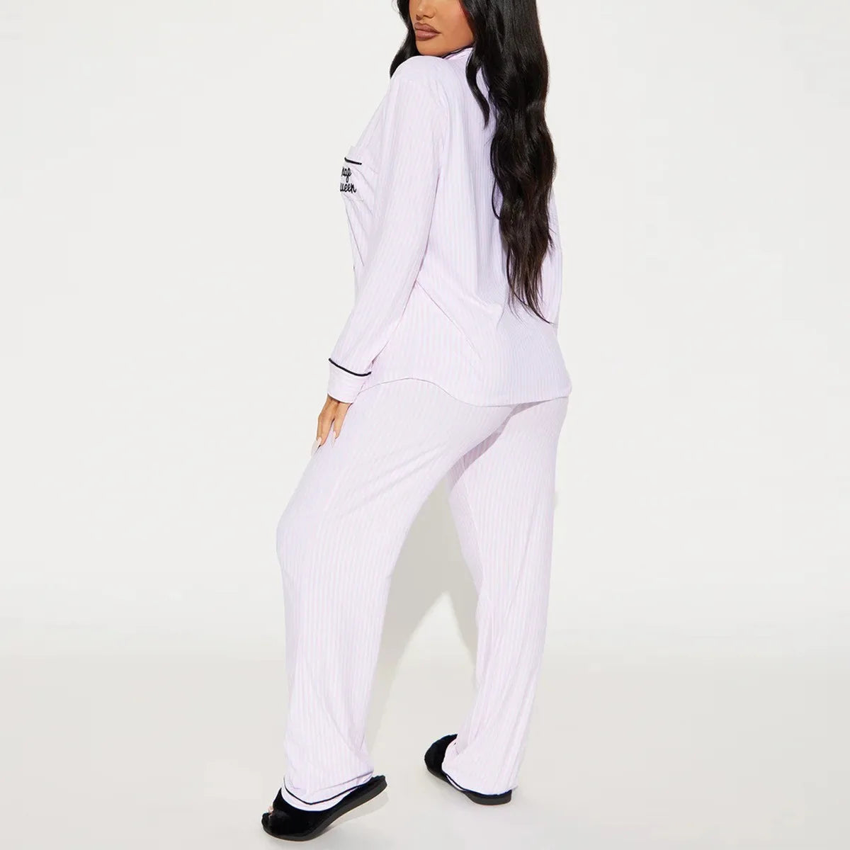 Striped Women Pajama Set Long Sleeves Turn Down Collar Top & Full-length Pants Female 2 Pieces Sleepwear Nightwear Homewear