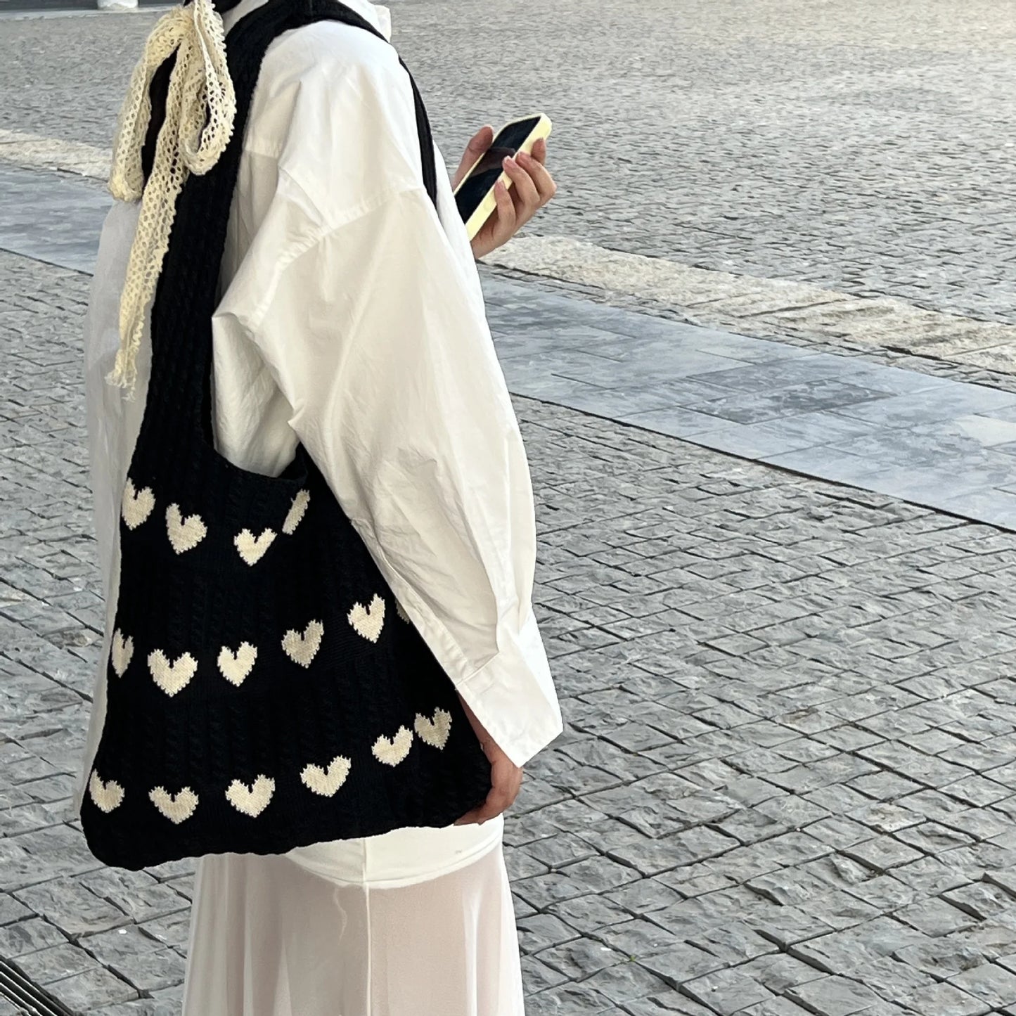 Korean-style Chic Crocheted Grid Bag Women's Summer Beach Bag Hand-woven Hollowed-out Shoulder Female Large Hollowed Bag