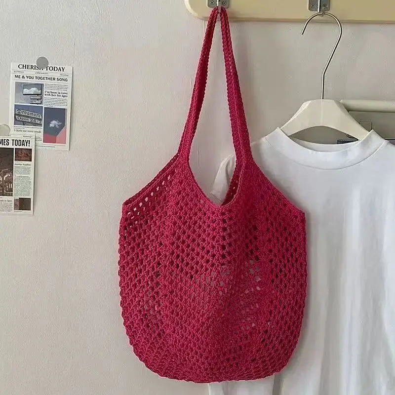 Korean-style Chic Crocheted Grid Bag Women's Summer Beach Bag Hand-woven Hollowed-out Shoulder Female Large Hollowed Bag