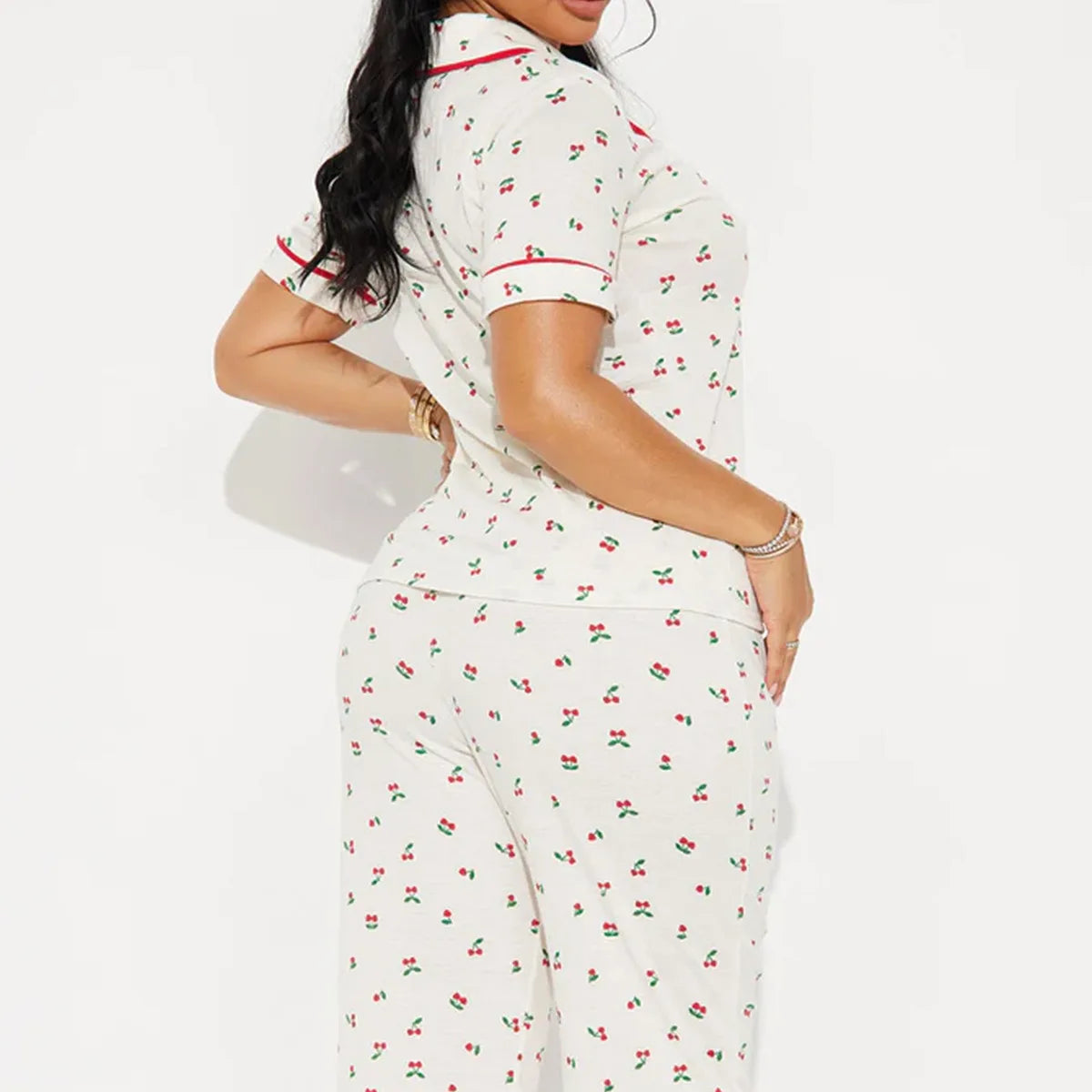 Cherry Print Women Pajama Set Short Sleeves Turn Down Collar Top & Full-Length Pants 2 Pieces Female Sleepwear Nightwear