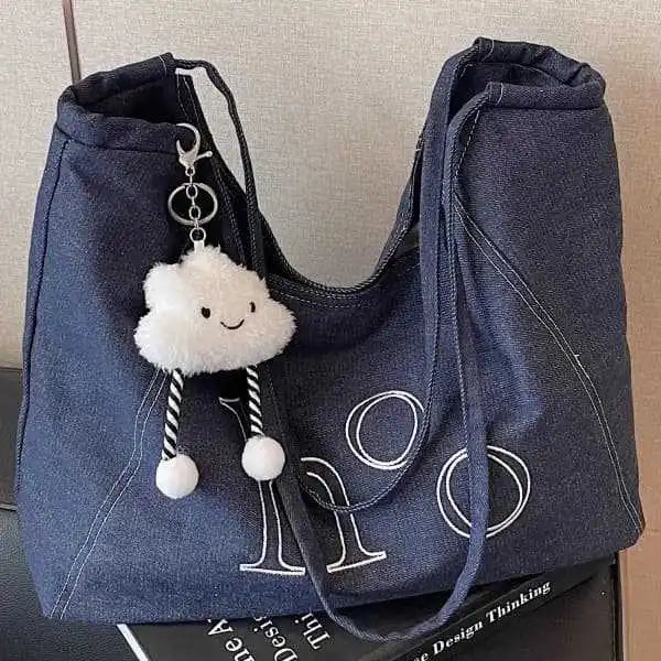 Relaxed Denim Large-capacity Single-shoulder Embroidered Canvas Bag Women Laid-back Style Versatile Commuter Underarm Tote Bag