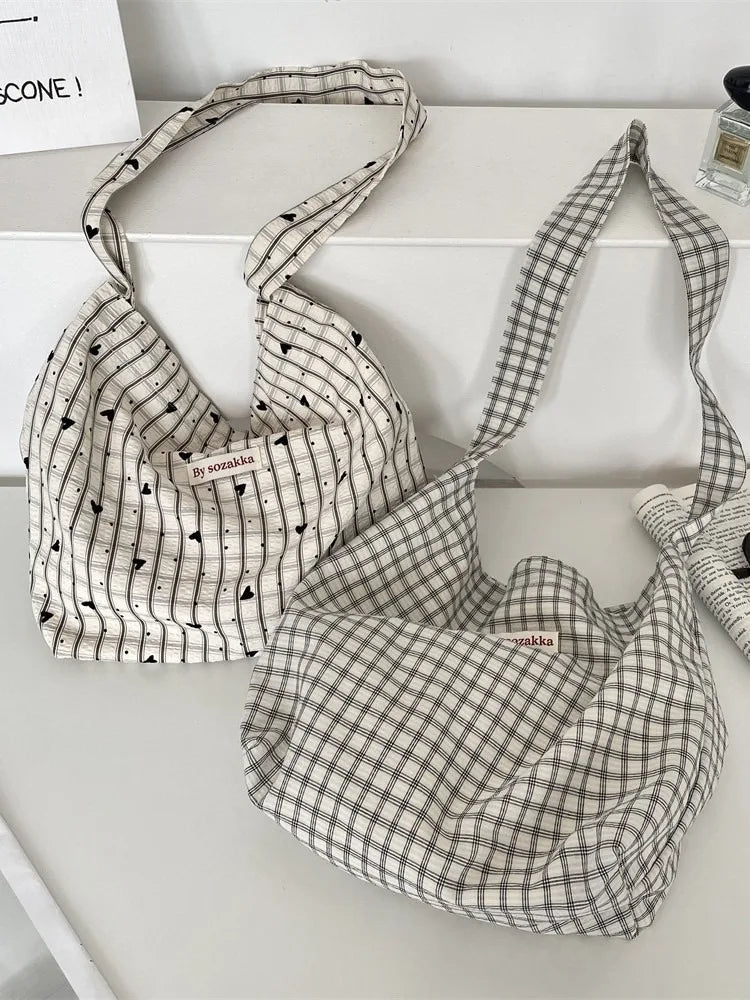 Korean Version Simple and Lightweight Checkered Crossbody Tote Bag 2025 New Versatile Shoulder Bag Plaid Summer Canvas Bag