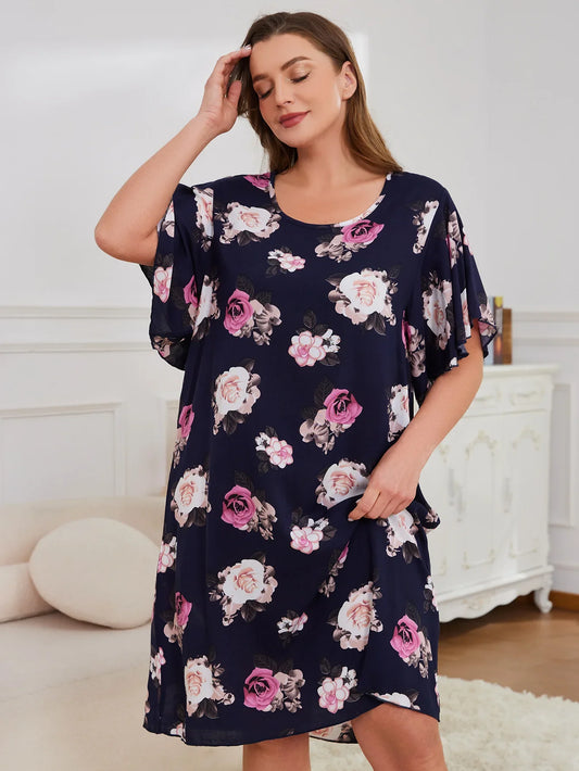 Plus Size Floral Print Women Nightgown Round Neck Short Sleeves Sleepwear Summer Female Nightwear Homwear Clothing Pajama Dress