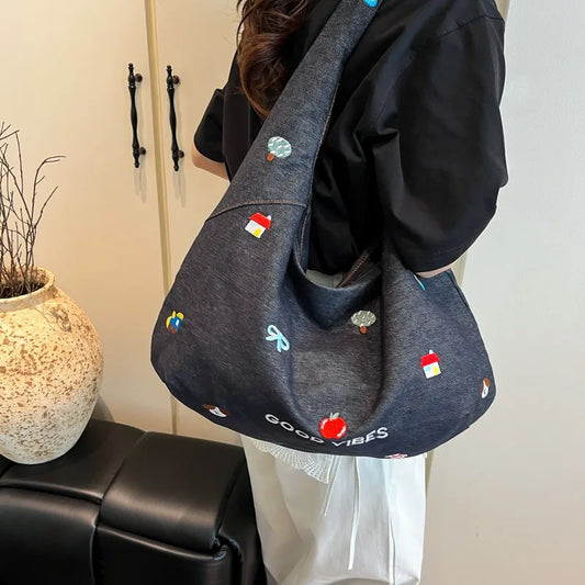 2025 Denim Crossbody Bag Japanese-style Embroidered Cartoon Print Single-shoulder Tote Bag Ins Simple Large-capacity Bag