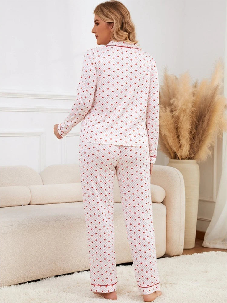 Heart Print Women Pajama Set Long Sleeves Turn Down Collar Button Top & Full-Length Pants 2 Pieces Female Sleepwear Nightwear