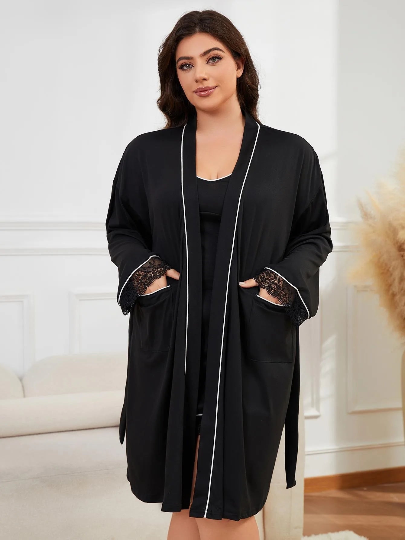 plus size Lace Trim Sleeveless V Neck Solid Women Nightgown & Long Sleeves Robe Female 2 Pcs Spring Autumn Winter Sleepwear