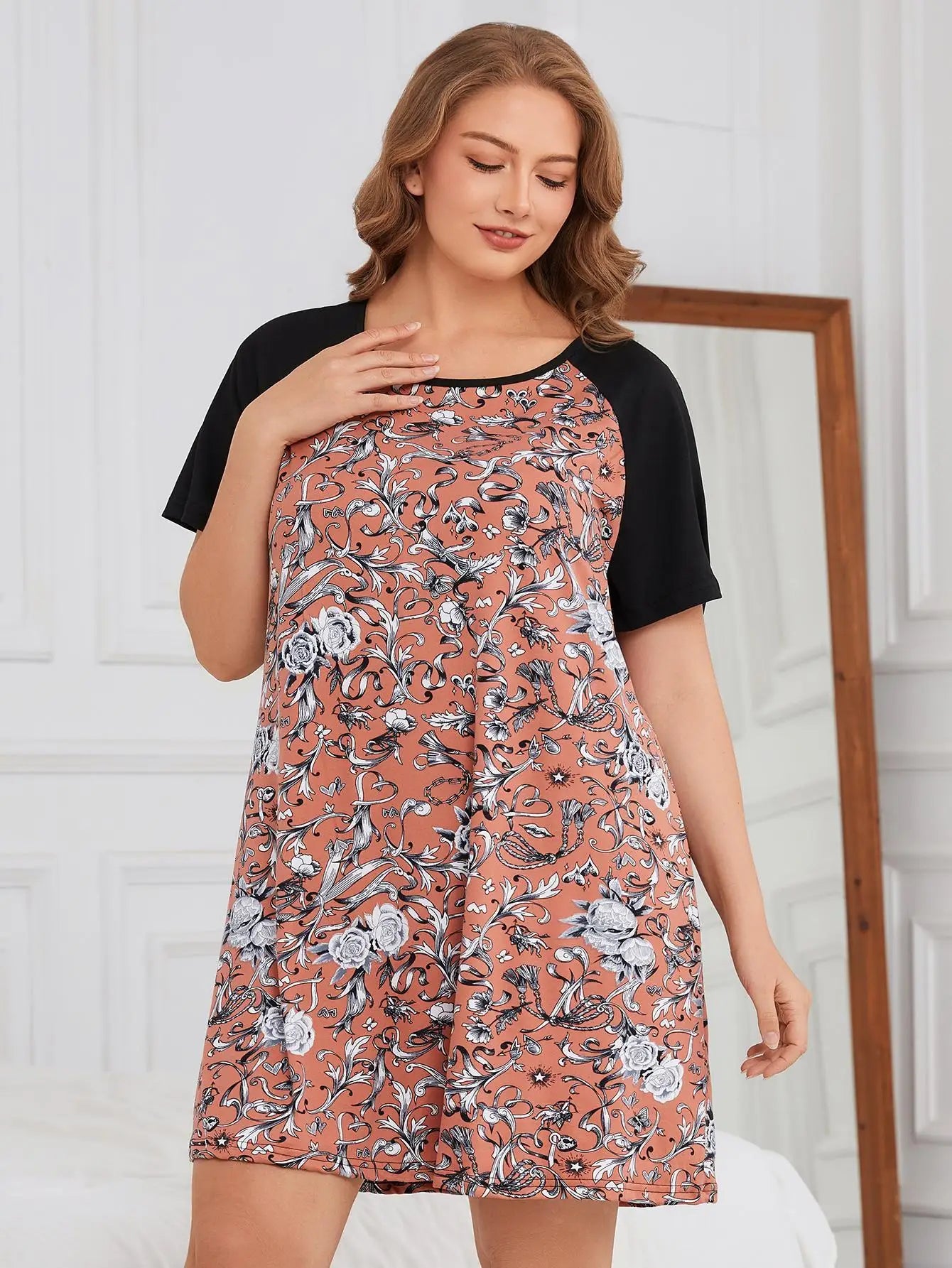 Plus Size Floral Print Women Nightgown Short Sleeves Female Sleepwear O Neck Nightwear Homwear Summer Clothing Oversized 1-6XL