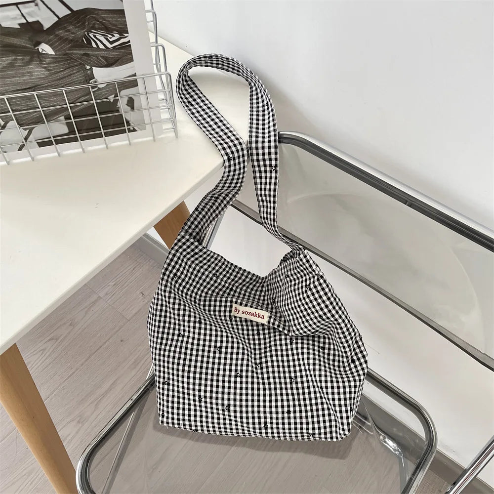 Korean Version Simple and Lightweight Checkered Crossbody Tote Bag 2025 New Versatile Shoulder Bag Plaid Summer Canvas Bag