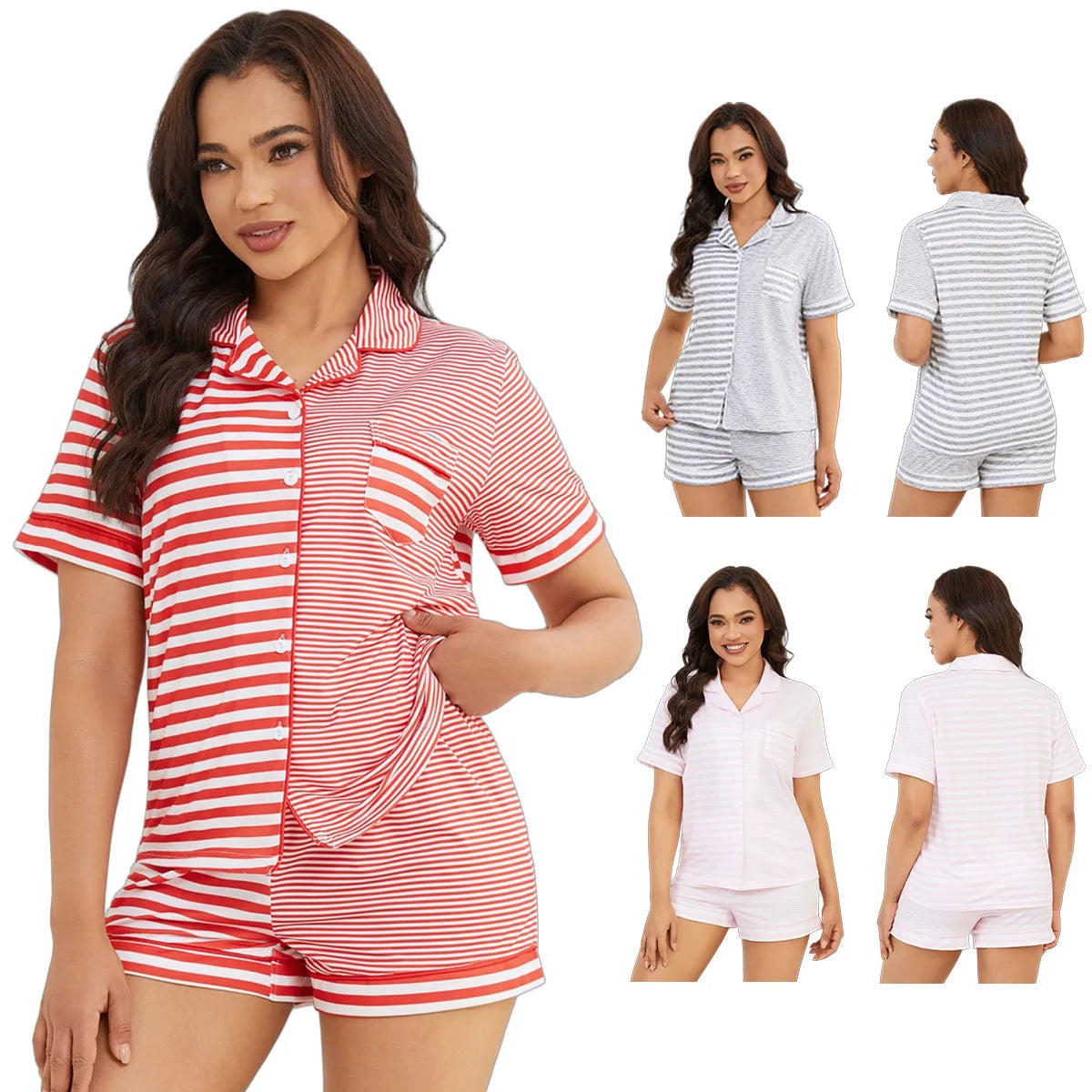 Stripped Print Women's Pajamas Set Short Sleeve Turn Down Collar & Shorts 2 Pieces Female Sleepwear Nightwear Homewear