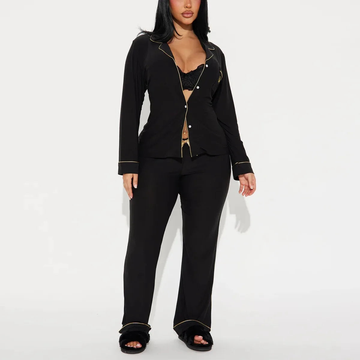 Solid Color Women Pajamas Set Long Sleeve Front Button Tops & Full-Length Pants Female 2 Pcs Notched Collor Sleepwear Nightwear