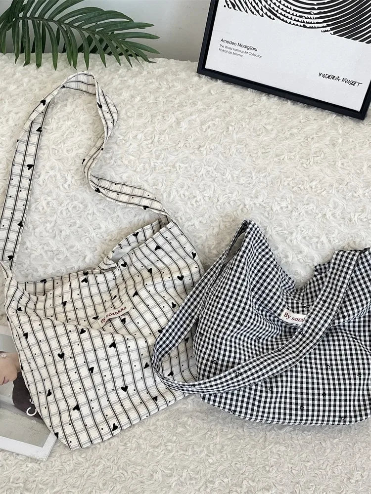 Korean Version Simple and Lightweight Checkered Crossbody Tote Bag 2025 New Versatile Shoulder Bag Plaid Summer Canvas Bag