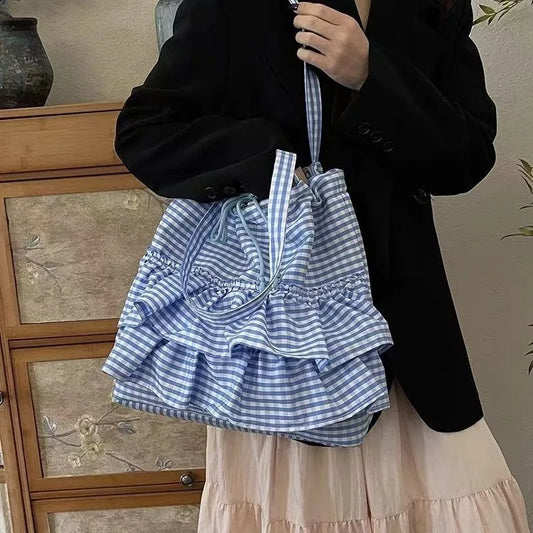 Lotus Leaf Style Checkered Canvas Bag Single-shoulder Commuting 2025 Popular Japanese Student Style Bucket Large Capacity Tote