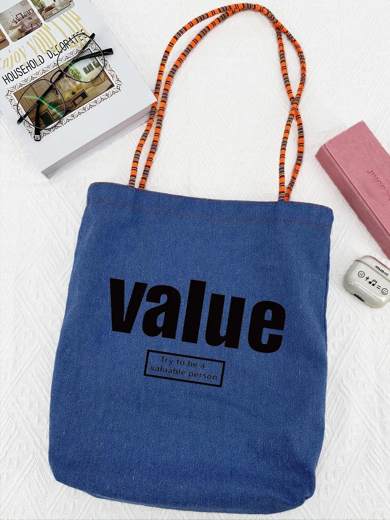 Letter Print Double Side Canvas Tote Bags Reusable Grocery Women Shoulder Crafts Shopping Handbag Gifts for Women Girls Birthday