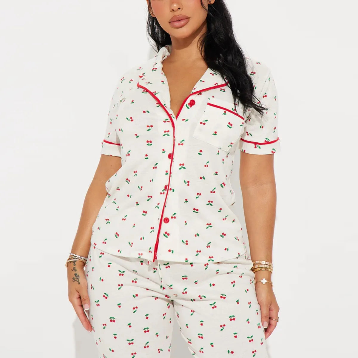 Cherry Print Women Pajama Set Short Sleeves Turn Down Collar Top & Full-Length Pants 2 Pieces Female Sleepwear Nightwear