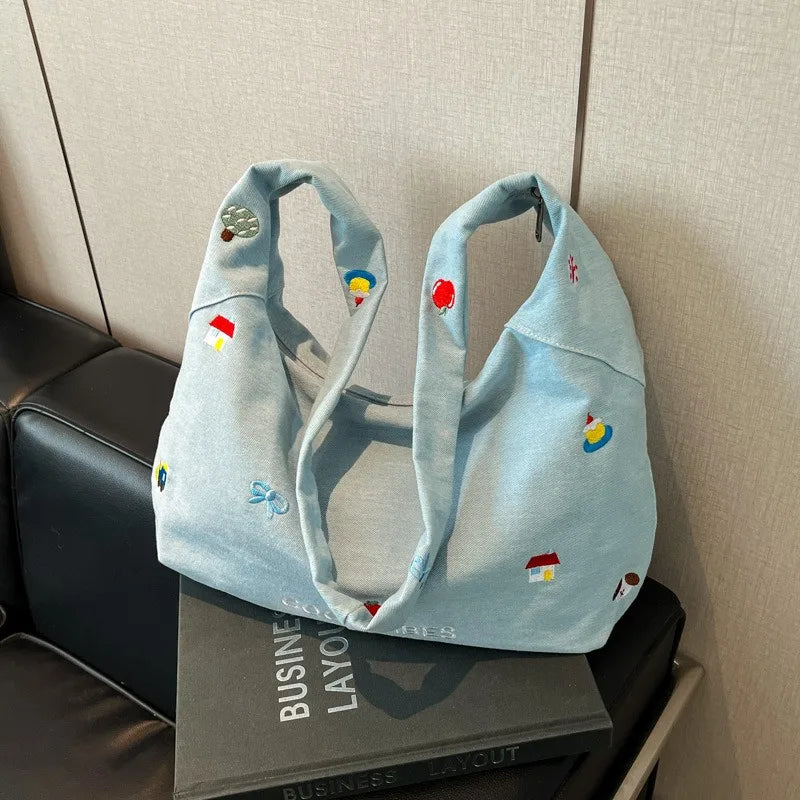 2025 Denim Crossbody Bag Japanese-style Embroidered Cartoon Print Single-shoulder Tote Bag Ins Simple Large-capacity Bag