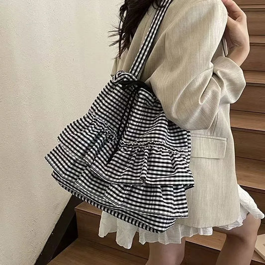 Lotus Leaf Style Checkered Canvas Bag Single-shoulder Commuting 2025 Popular Japanese Student Style Bucket Large Capacity Tote