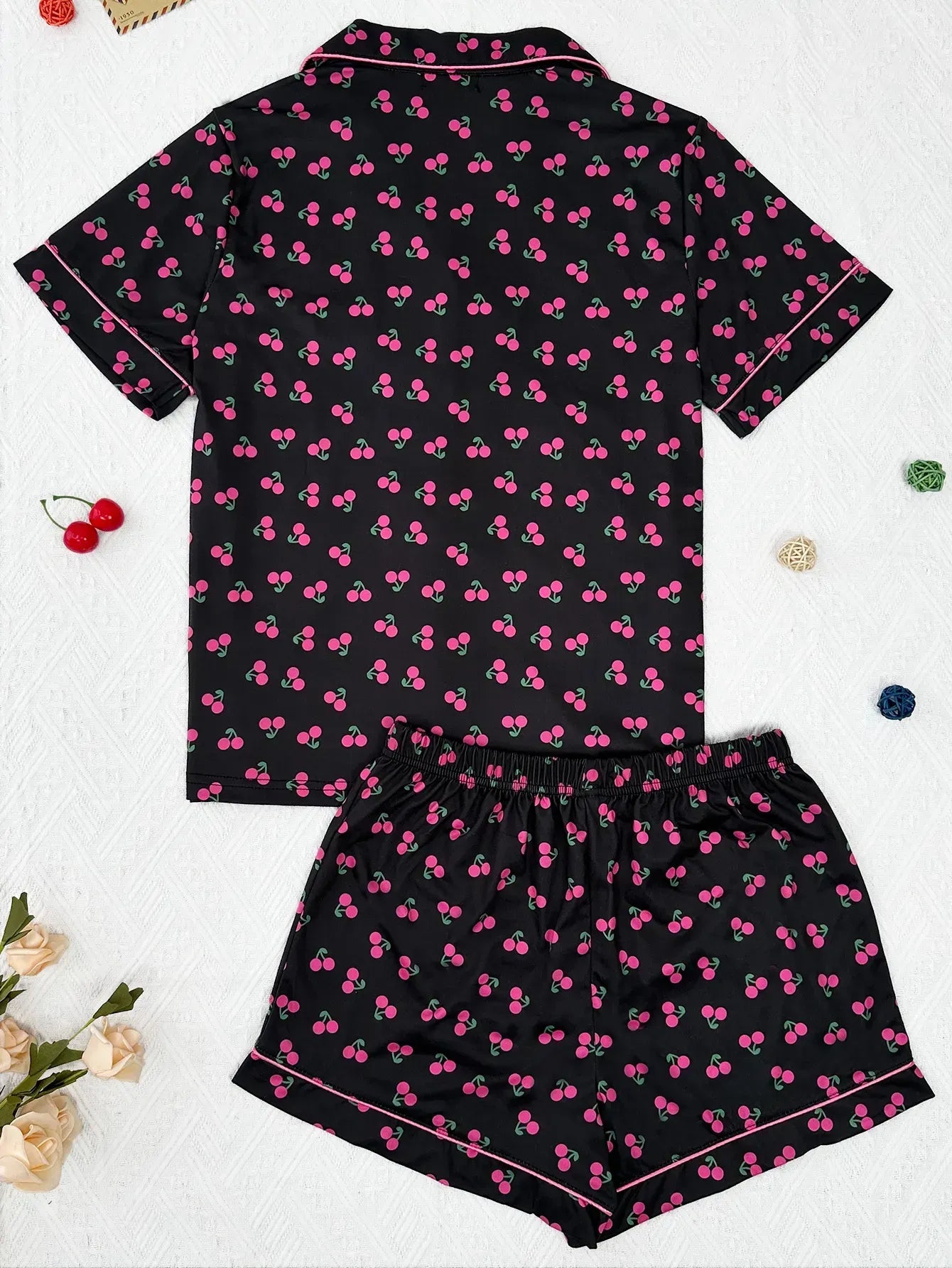 Cherry Print Women's Pajamas Set Turn Down Collar Top & Shorts 2 Pieces Sleepwear Elastic Nightwear Homewear Cloth for Summer
