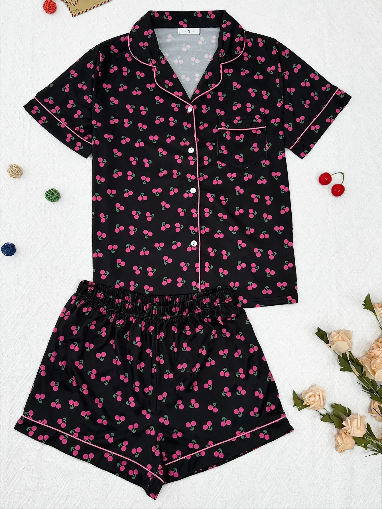 Cherry Print Women's Pajamas Set Turn Down Collar Top & Shorts 2 Pieces Sleepwear Elastic Nightwear Homewear Cloth for Summer