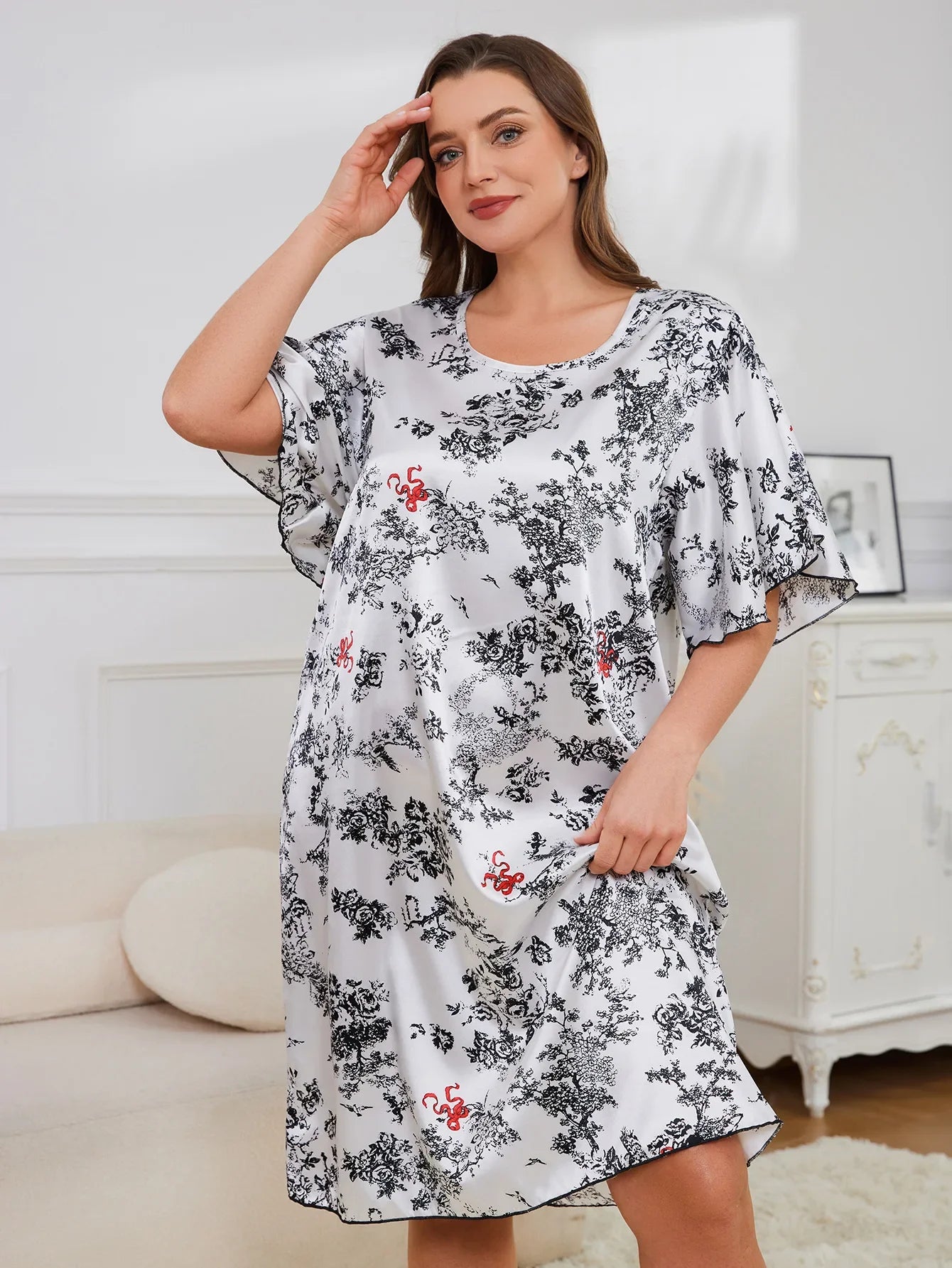 Plus Size Silk Satin Women Nightgown Round Neck Short Sleeves Sleepwear Summer Female Nightwear Homwear Clothing Pajama Dress