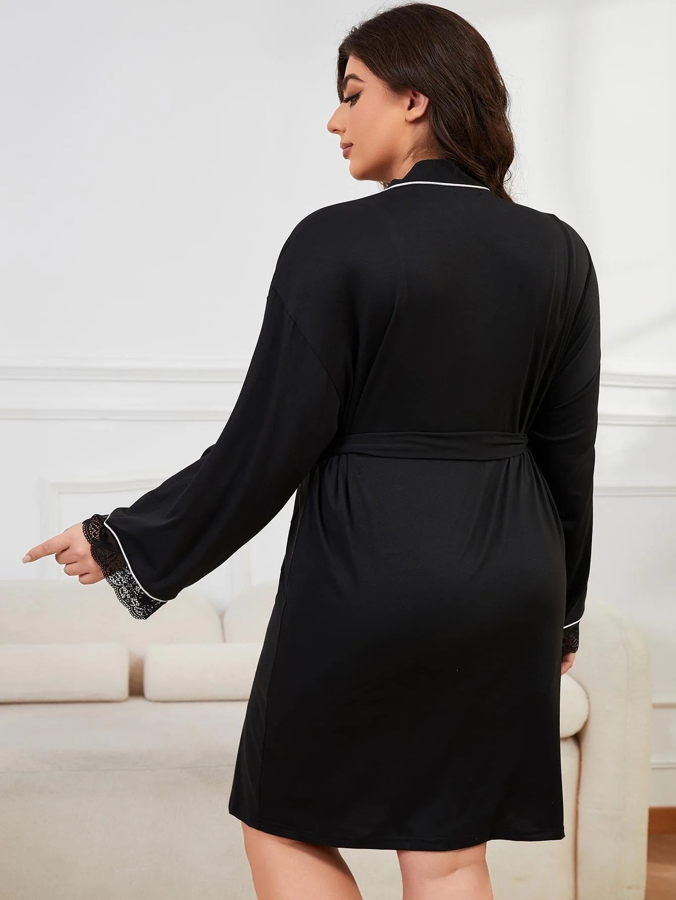 plus size Lace Trim Sleeveless V Neck Solid Women Nightgown & Long Sleeves Robe Female 2 Pcs Spring Autumn Winter Sleepwear