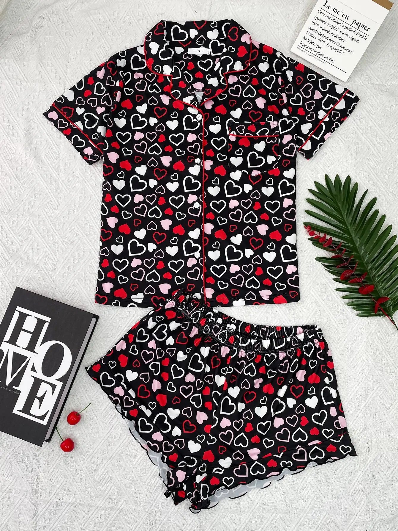 Heart Print Women Pajamas Set Short Sleeve Front Button Tops & Shorts Female 2 Pieces Notched Collor Sleepwear Nightwear